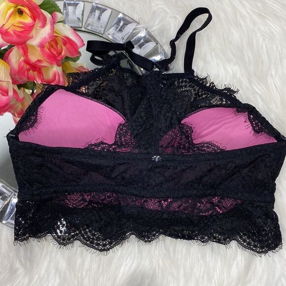 PINK Victoria’s Secret Black Lace Halter Racer Back Push Up Bralette S P D-DD - Picture 5 of 11